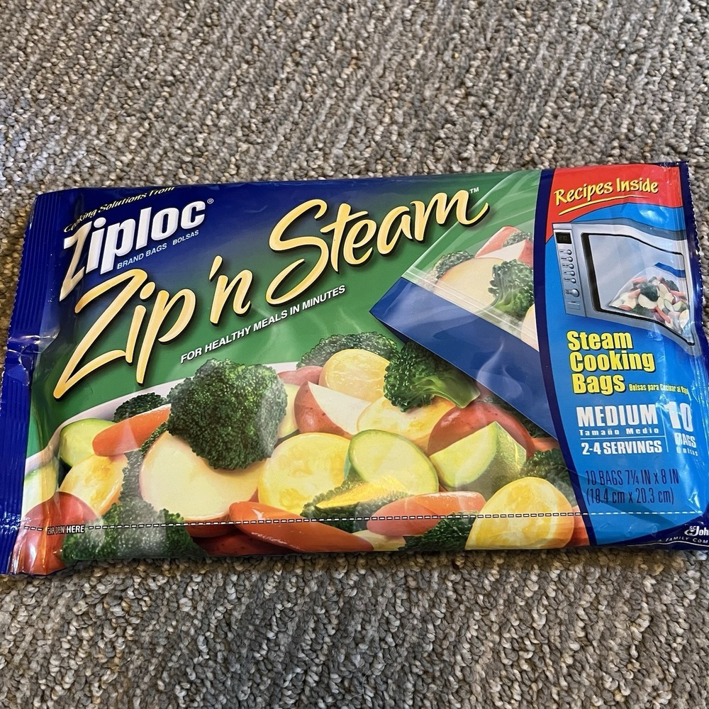 New Ziploc Zip 'n Steam Cooking Bags Medium 10 Bags 2-4 Servings Per Bag